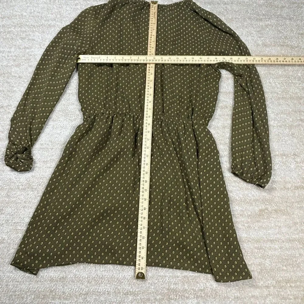 Michael Kors Dress Womens 12 Olive Green Long Sleeve Printed Tassel Tie Boho